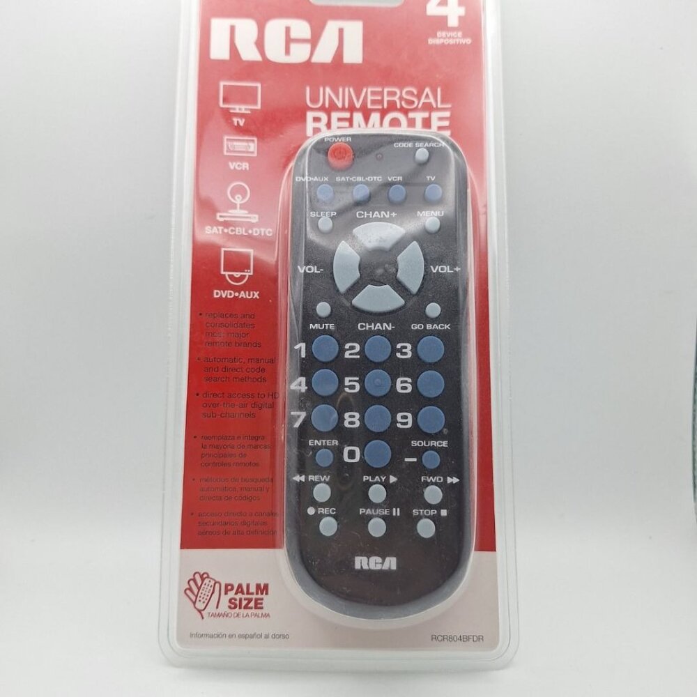 RCA Small Universal Remote Palm Size 4 Device DVD VCR TV RCR804BFDR‎ Aux Sat